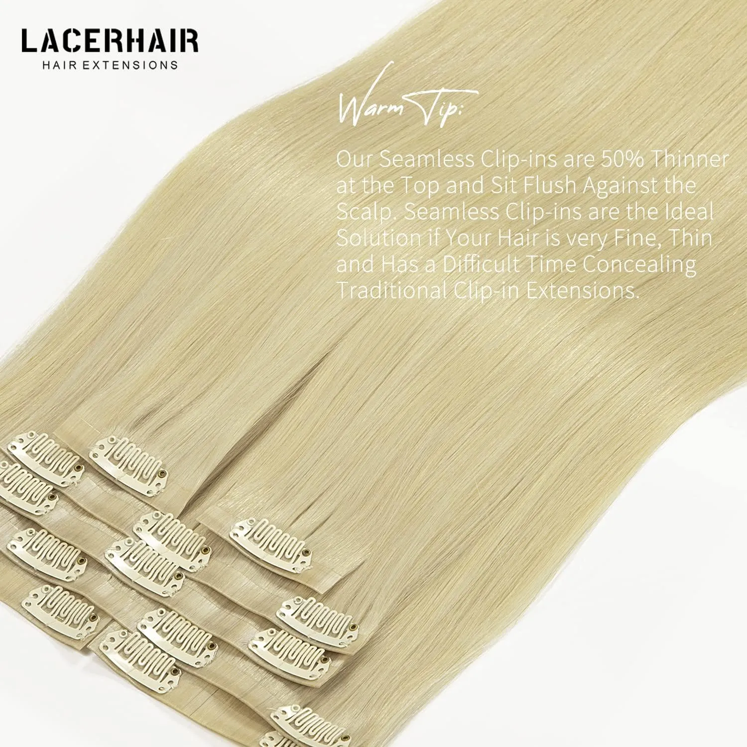 Lacer Hair Invisible Hair Extensions Clip in Human Hair Seamless #60 Bleach Blonde Clip in Hair Extensions for Women Clip In 110g 7 Pcs 110 Grams 14inch