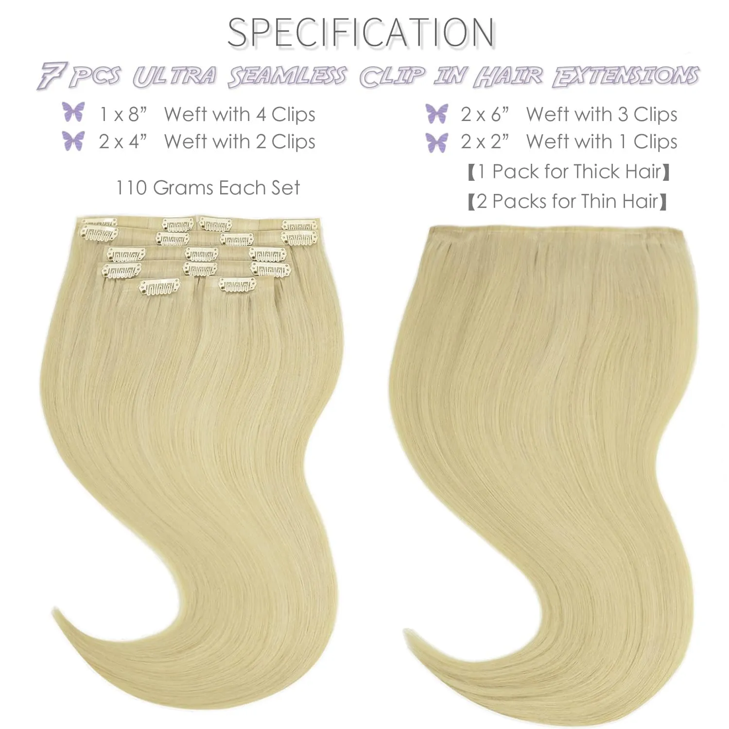 Lacer Hair Invisible Hair Extensions Clip in Human Hair Seamless #60 Bleach Blonde Clip in Hair Extensions for Women Clip In 110g 7 Pcs 110 Grams 14inch