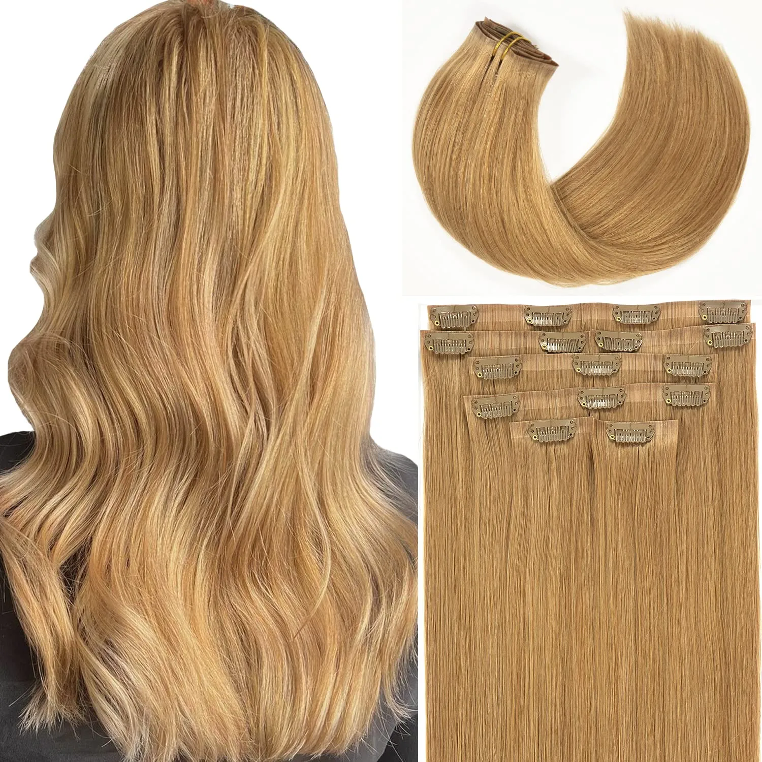 Lacer Hair Invisible Hair Extensions Clip in Human Hair Seamless Ultra Thin PU Double Weft 100% Real Remy Human Hair Blonde Clip in Hair Extensions for Woman #27 Caramel Blonde 7Pcs 110g 14 Inch