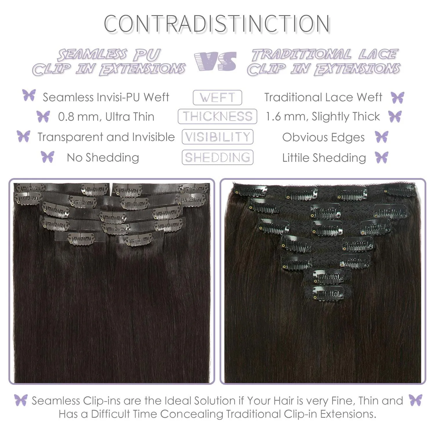 Lacer Hair New Technology Ultra Seamless Hair Extensions Clip in Remy Human Hair Natural #2 Darkest Brown Silky Straight Clip in Hair Extensions for Fine Thin Hair Women 7pcs 110g 14 Inch