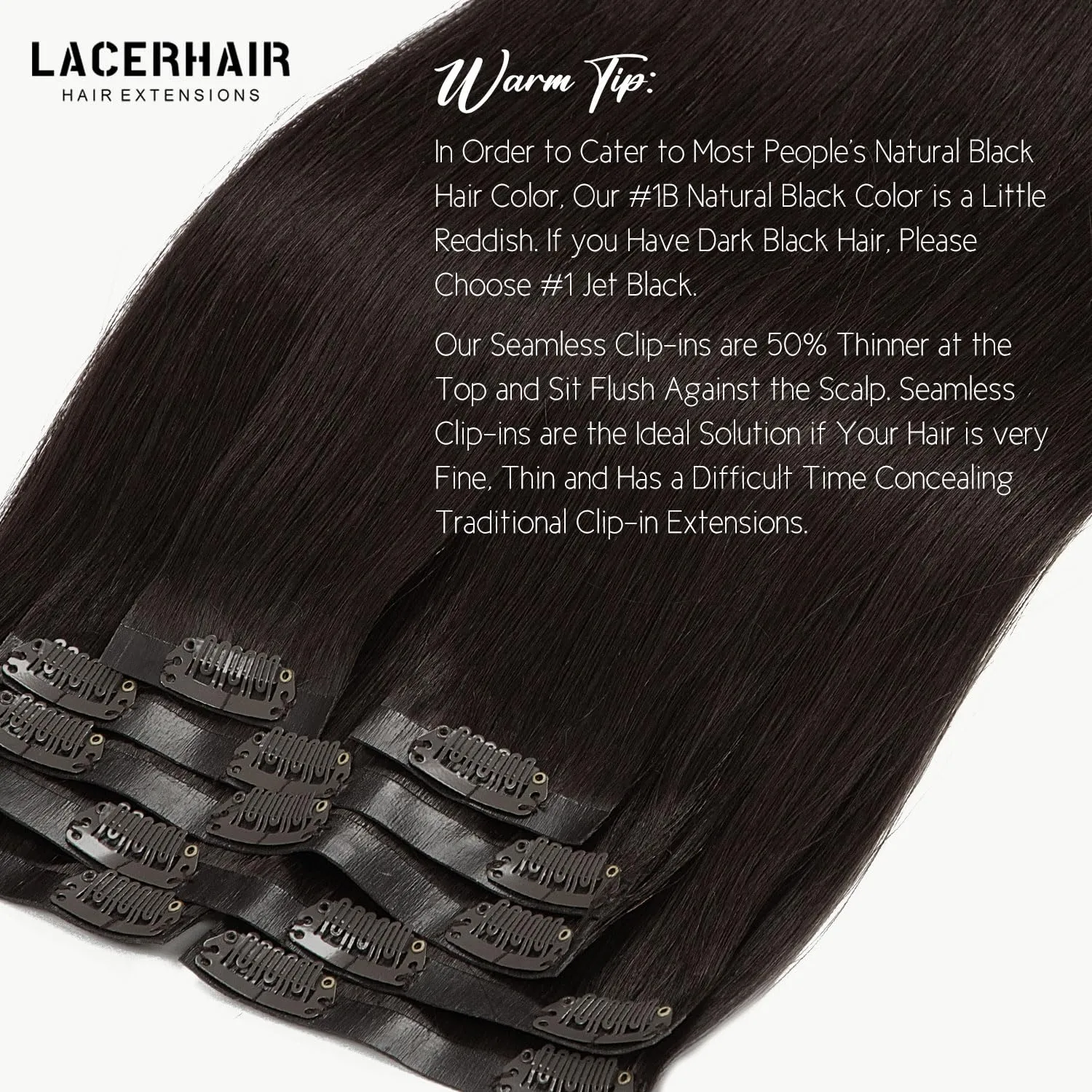 Lacer Hair New Technology Ultra Seamless Hair Extensions Clip in Remy Human Hair Natural #2 Darkest Brown Silky Straight Clip in Hair Extensions for Fine Thin Hair Women 7pcs 110g 14 Inch