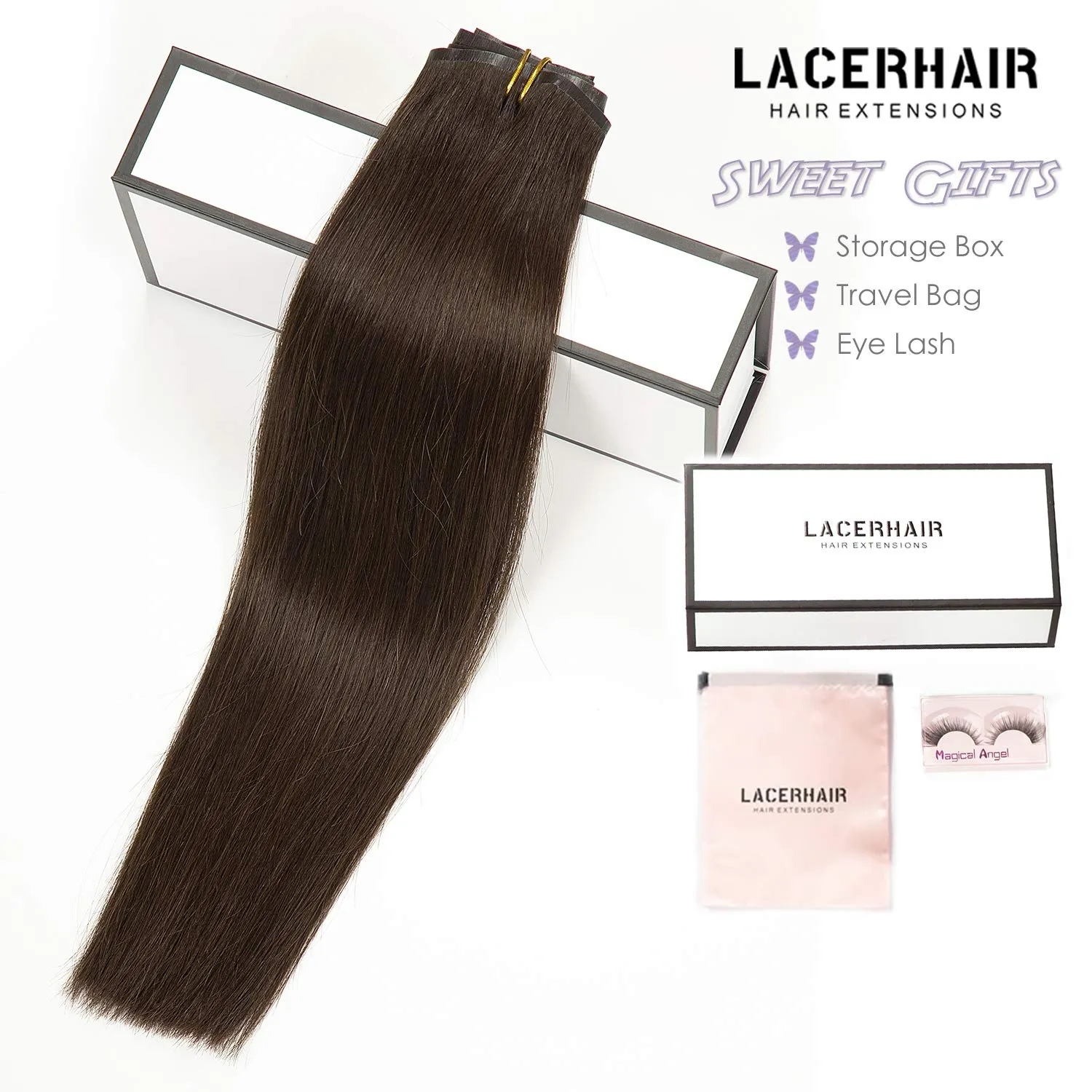 Lacer Hair New Technology Ultra Seamless Hair Extensions Clip in Remy Human Hair Natural #2 Darkest Brown Silky Straight Clip in Hair Extensions for Fine Thin Hair Women 7pcs 110g 14 Inch