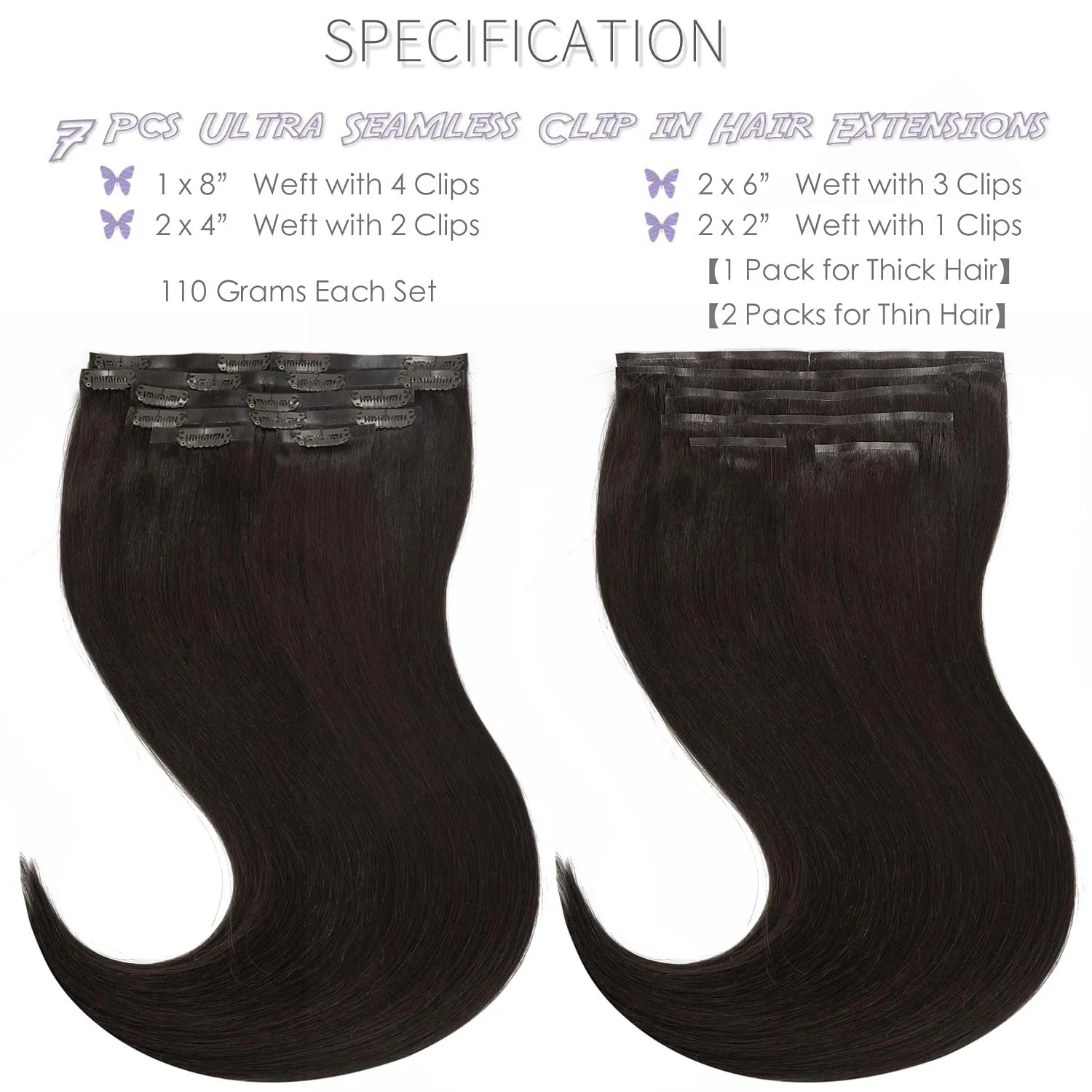 Lacer Hair New Technology Ultra Seamless Hair Extensions Clip in Remy Human Hair Natural #2 Darkest Brown Silky Straight Clip in Hair Extensions for Fine Thin Hair Women 7pcs 110g 14 Inch
