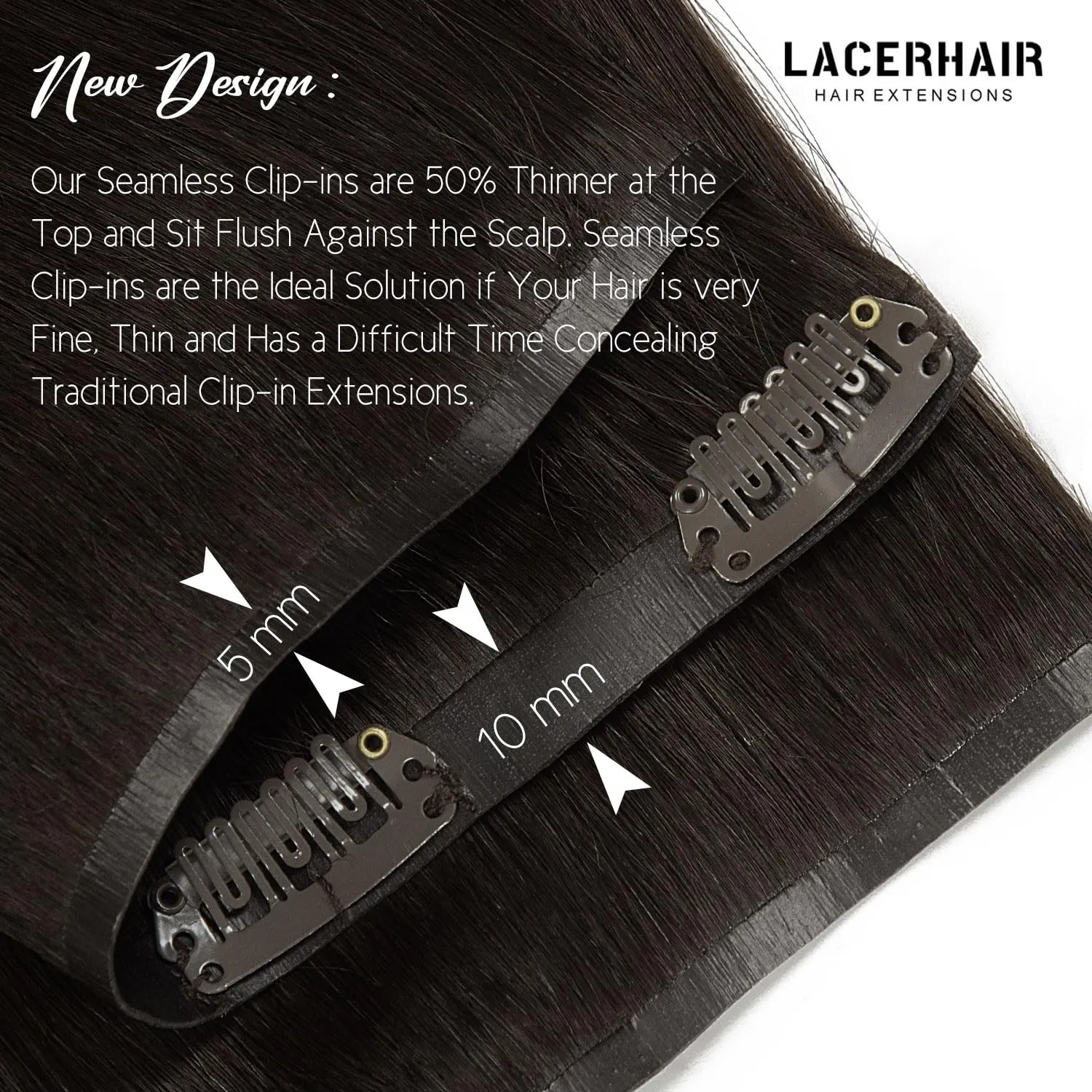 Lacer Hair New Technology Ultra Seamless Hair Extensions Clip in Remy Human Hair Natural #2 Darkest Brown Silky Straight Clip in Hair Extensions for Fine Thin Hair Women 7pcs 110g 14 Inch