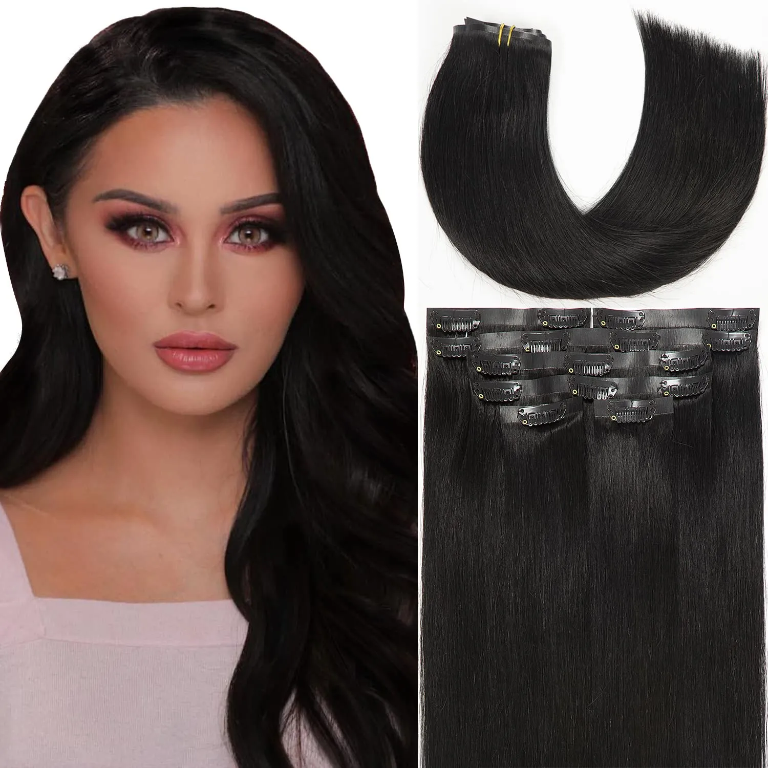 Lacer Hair Seamless Hair Extensions #1 Off Black Ultra Thin Double Weft PU Invisible Clip in Hair Extensions Remy Human Hair Clip in 7pcs 110g 14 Inch