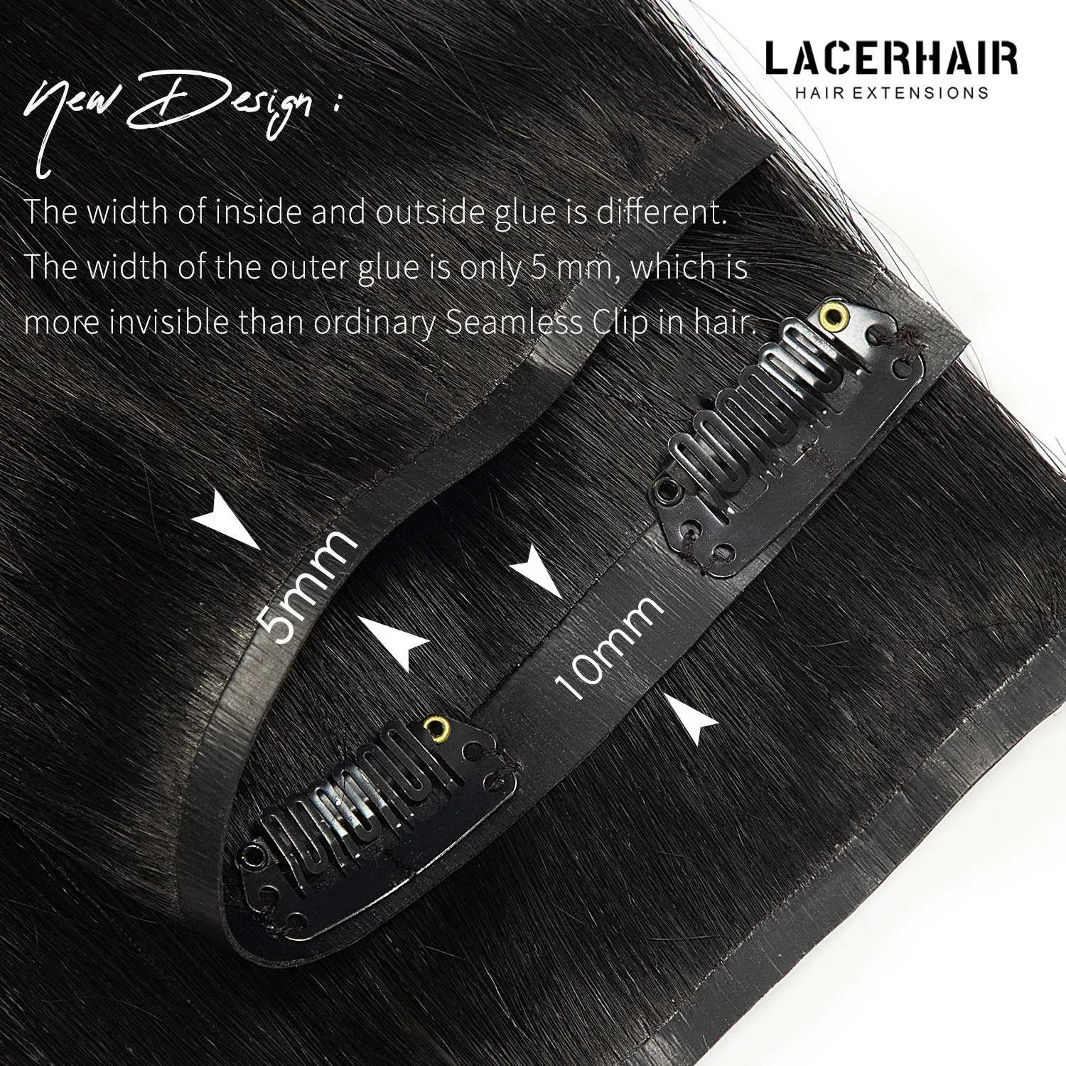 Lacer Hair Seamless Hair Extensions #1 Off Black Ultra Thin Double Weft PU Invisible Clip in Hair Extensions Remy Human Hair Clip in 7pcs 110g 14 Inch