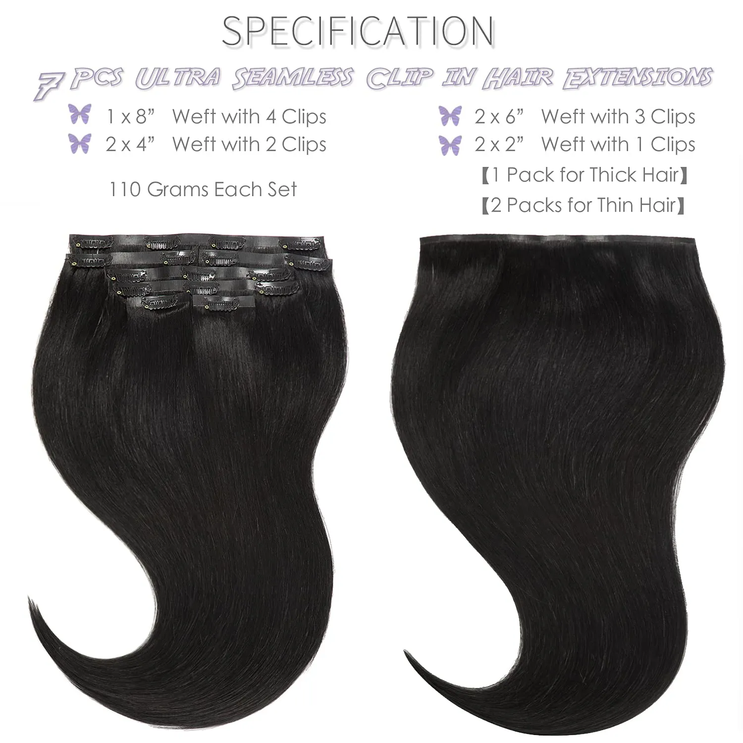 Lacer Hair Seamless Hair Extensions #1 Off Black Ultra Thin Double Weft PU Invisible Clip in Hair Extensions Remy Human Hair Clip in 7pcs 110g 14 Inch