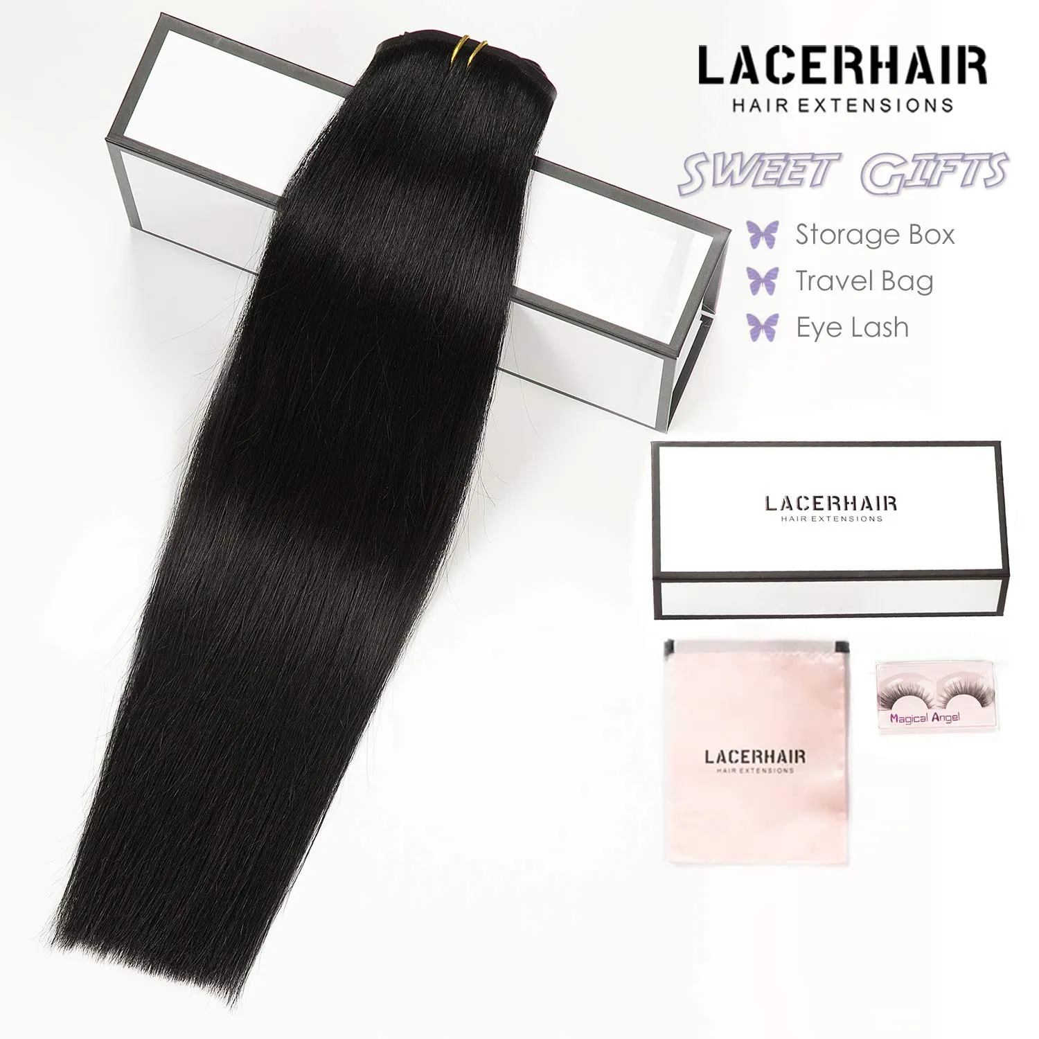 Lacer Hair Seamless Hair Extensions #1 Off Black Ultra Thin Double Weft PU Invisible Clip in Hair Extensions Remy Human Hair Clip in 7pcs 110g 14 Inch