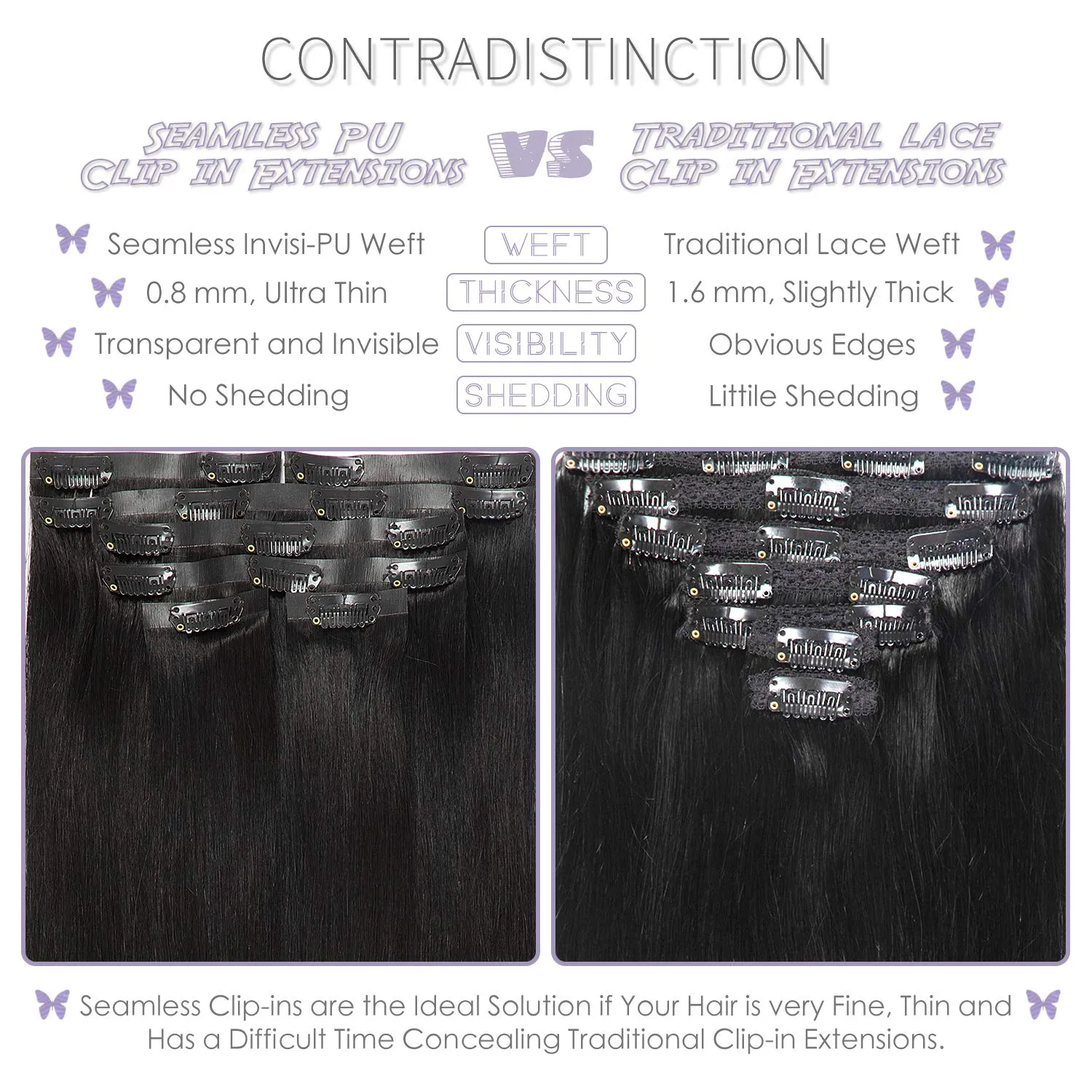 Lacer Hair Seamless Hair Extensions #1 Off Black Ultra Thin Double Weft PU Invisible Clip in Hair Extensions Remy Human Hair Clip in 7pcs 110g 14 Inch