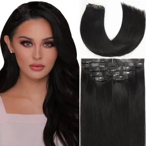 Lacer Hair Seamless Hair Extensions #1 Off Black Ultra Thin Double Weft PU Invisible Clip in Hair Extensions Remy Human Hair Clip in 7pcs 110g 14 Inch