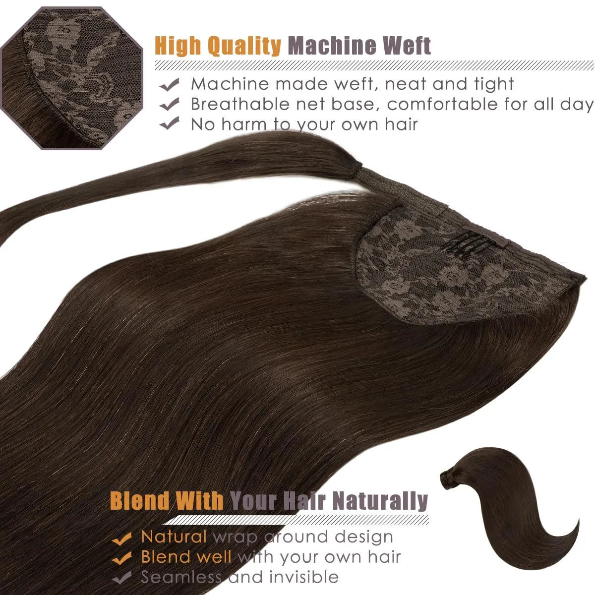 Lacer Ponytail Extensions Human Hair Wram Dark Brown 14 Inch 70g Hair Extensions Ponytail Hair Extensions Wrap Around Remy Human Hair Ponytail with Magic Paste One Piece Straight