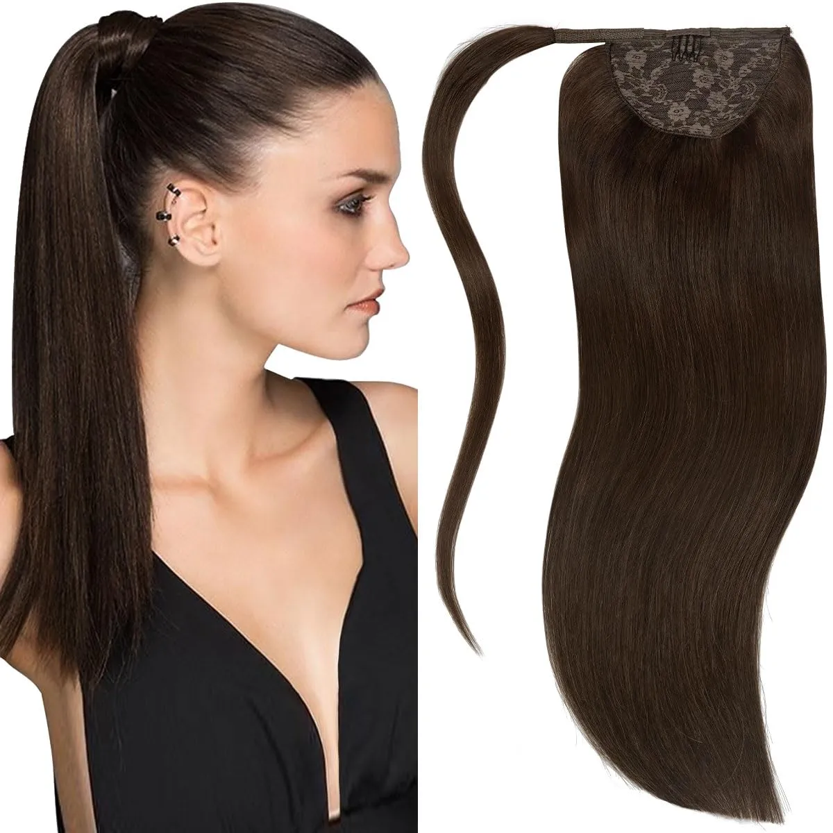 Lacer Ponytail Extensions Human Hair Wram Dark Brown 14 Inch 70g Hair Extensions Ponytail Hair Extensions Wrap Around Remy Human Hair Ponytail with Magic Paste One Piece Straight