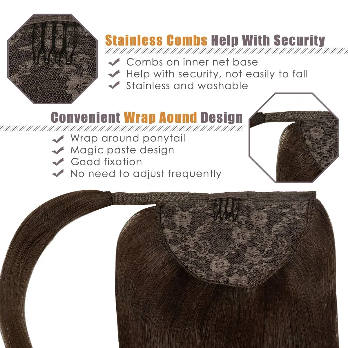 Lacer Ponytail Extensions Human Hair Wram Dark Brown 14 Inch 70g Hair Extensions Ponytail Hair Extensions Wrap Around Remy Human Hair Ponytail with Magic Paste One Piece Straight