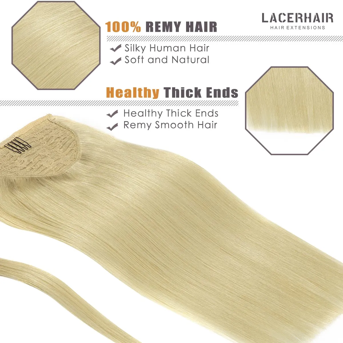 Lacer Wrap Around Ponytail Extension Human Hair Platinum Blonde Real Hair Ponytail Extension One Piece SIlky Straight 70 Grams 14 Inch Human Hair Ponytail