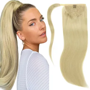 Lacer Wrap Around Ponytail Extension Human Hair Platinum Blonde Real Hair Ponytail Extension One Piece SIlky Straight 70 Grams 14 Inch Human Hair Ponytail
