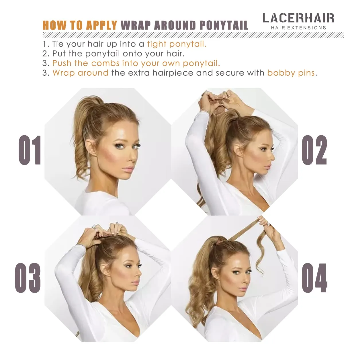 Lacer Wrap Around Ponytail Extension Human Hair Platinum Blonde Real Hair Ponytail Extension One Piece SIlky Straight 70 Grams 14 Inch Human Hair Ponytail