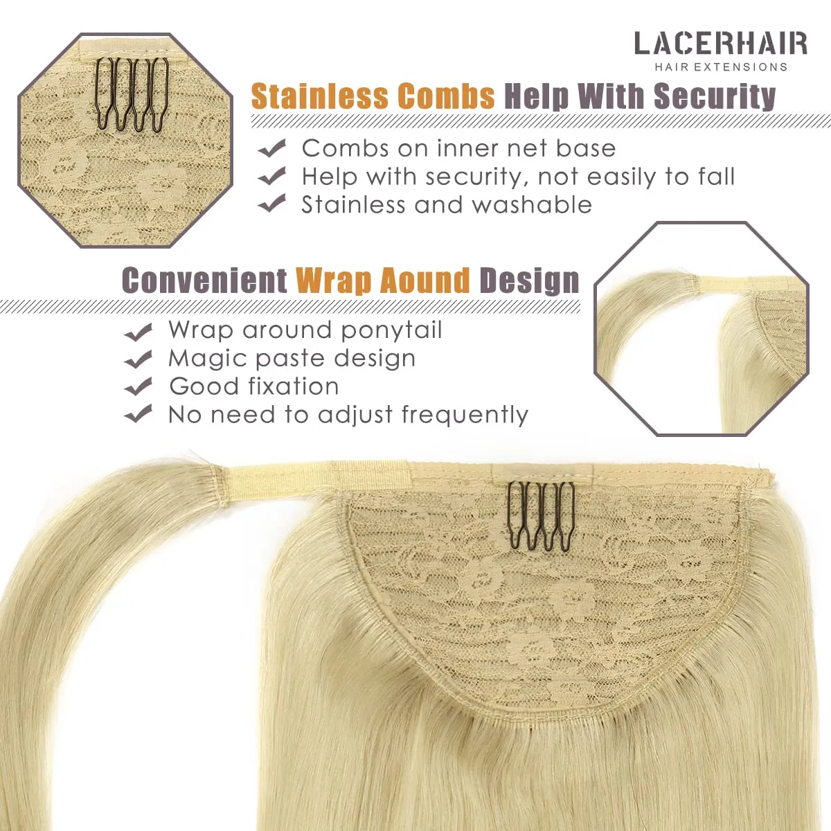 Lacer Wrap Around Ponytail Extension Human Hair Platinum Blonde Real Hair Ponytail Extension One Piece SIlky Straight 70 Grams 14 Inch Human Hair Ponytail