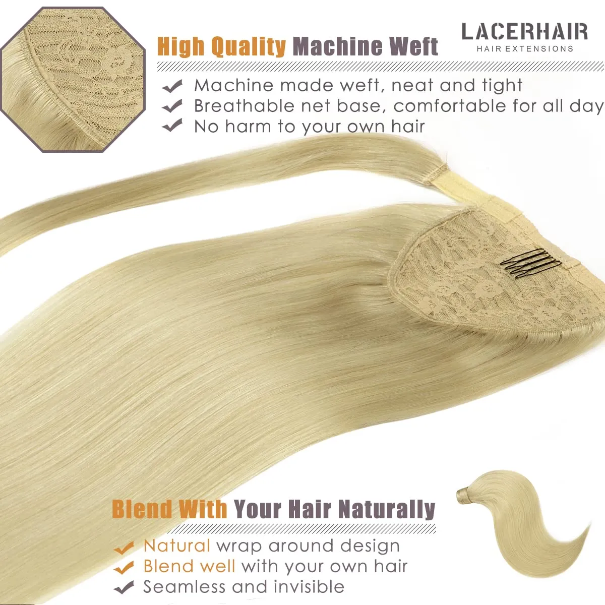 Lacer Wrap Around Ponytail Extension Human Hair Platinum Blonde Real Hair Ponytail Extension One Piece SIlky Straight 70 Grams 14 Inch Human Hair Ponytail