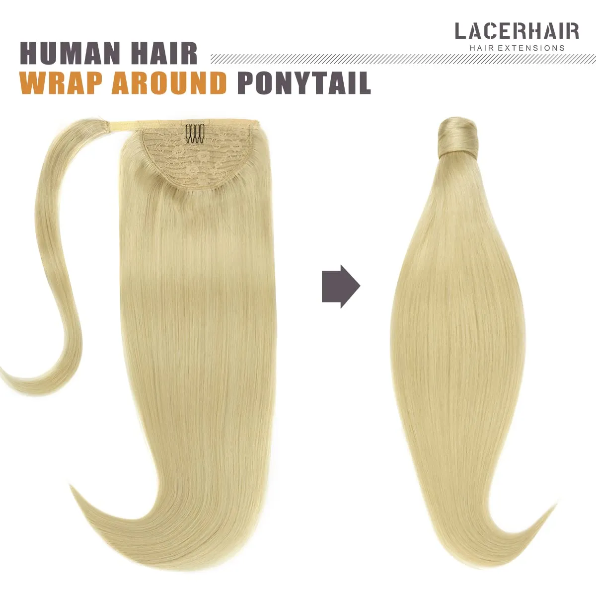 Lacer Wrap Around Ponytail Extension Human Hair Platinum Blonde Real Hair Ponytail Extension One Piece SIlky Straight 70 Grams 14 Inch Human Hair Ponytail