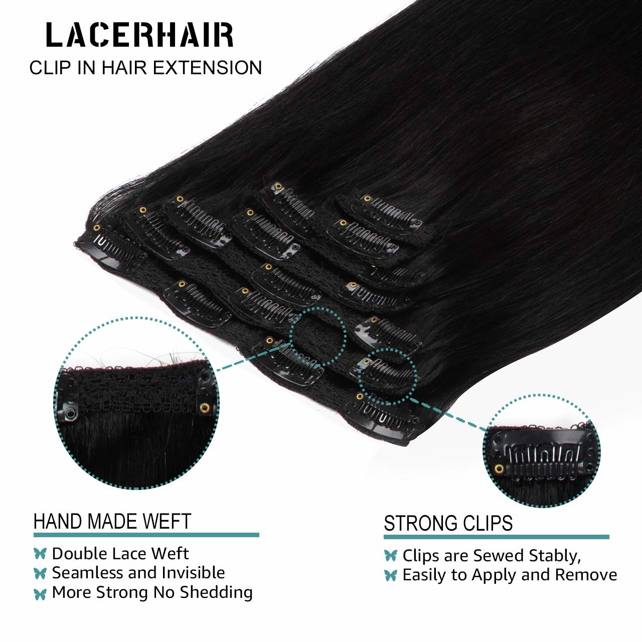 Lacer 22 Inch Full Head Silky Straight 100% Human Hair Clip in Extensions in Jet Black #1 7Pieces 140g Double Weft Extensions Lace Clip Extensions Natural Hair