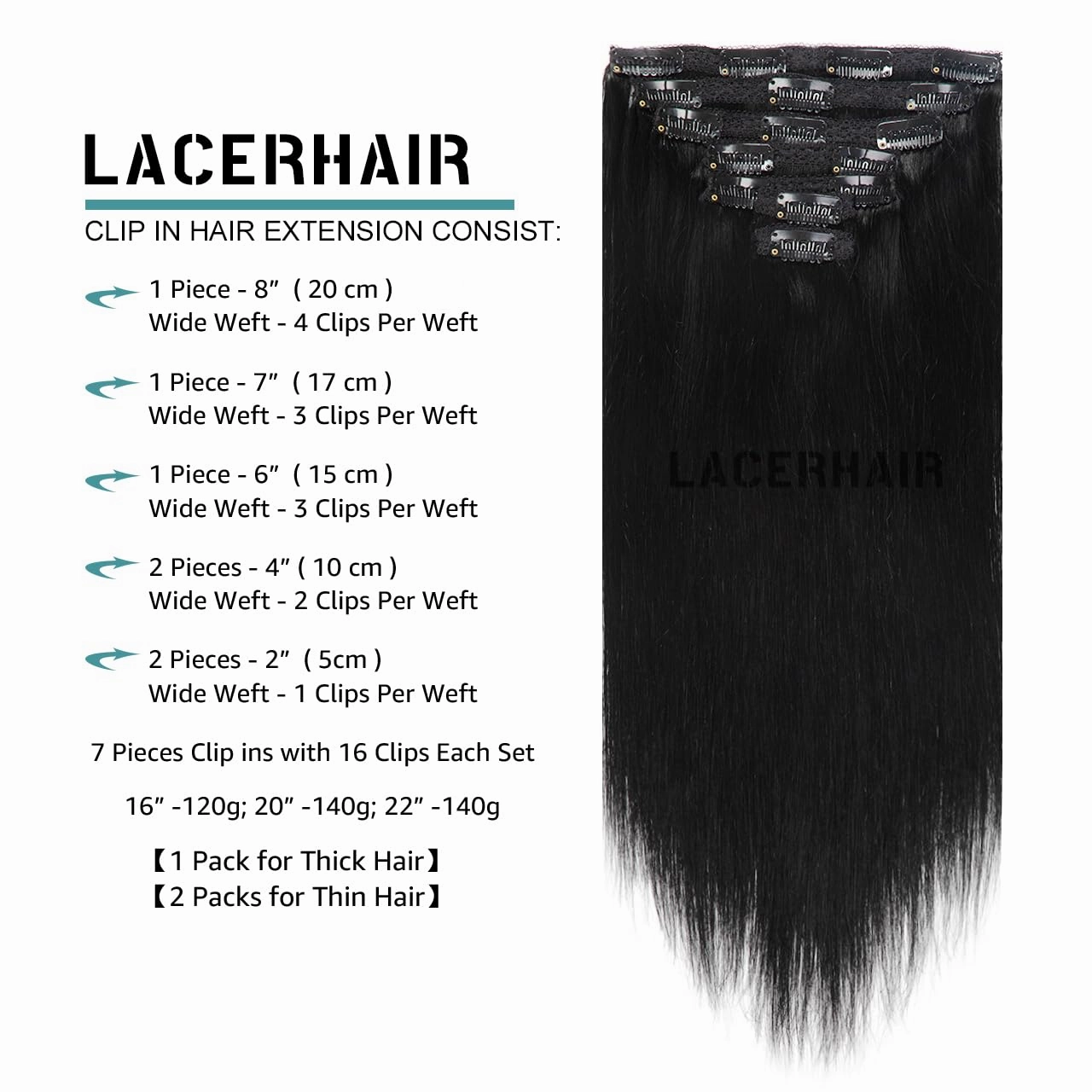 Lacer 22 Inch Full Head Silky Straight 100% Human Hair Clip in Extensions in Jet Black #1 7Pieces 140g Double Weft Extensions Lace Clip Extensions Natural Hair