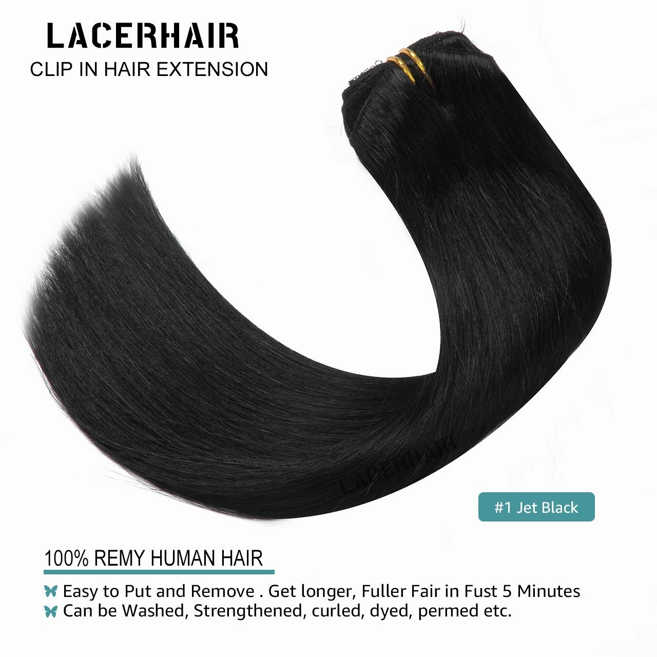 Lacer 22 Inch Full Head Silky Straight 100% Human Hair Clip in Extensions in Jet Black #1 7Pieces 140g Double Weft Extensions Lace Clip Extensions Natural Hair