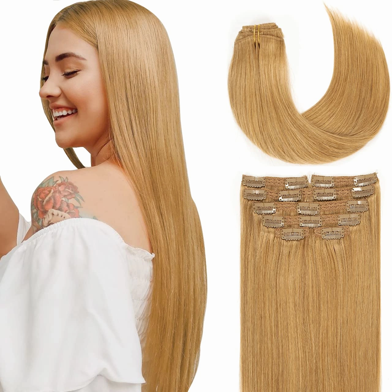 Lacer Hair Blonde Clip in Hair Extensions Human Hair Caramel Blonde Seamless Lace Double Weft Real Virgin Remy Hair Extensions Clip in Natural Long Soft Thickened Straight Hair 22 Inch 140g 7pcs