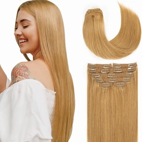 Lacer Hair Blonde Clip in Hair Extensions Human Hair Caramel Blonde Seamless Lace Double Weft Real Virgin Remy Hair Extensions Clip in Natural Long Soft Thickened Straight Hair 22 Inch 140g 7pcs