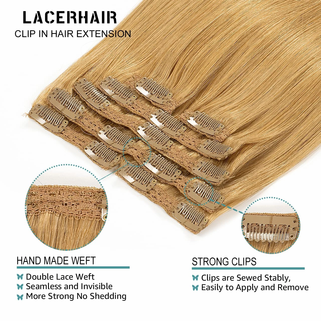 Lacer Hair Blonde Clip in Hair Extensions Human Hair Caramel Blonde Seamless Lace Double Weft Real Virgin Remy Hair Extensions Clip in Natural Long Soft Thickened Straight Hair 22 Inch 140g 7pcs