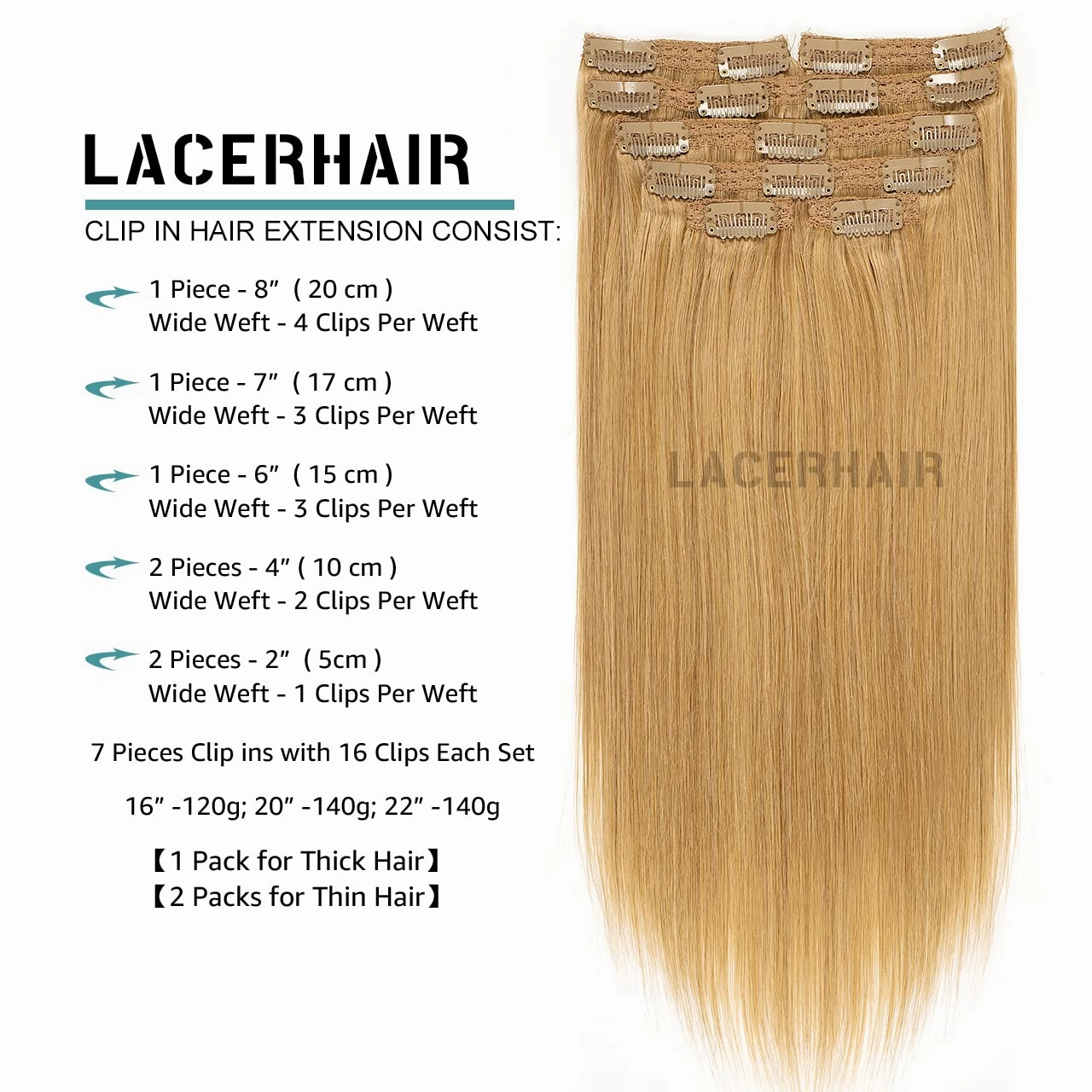 Lacer Hair Blonde Clip in Hair Extensions Human Hair Caramel Blonde Seamless Lace Double Weft Real Virgin Remy Hair Extensions Clip in Natural Long Soft Thickened Straight Hair 22 Inch 140g 7pcs