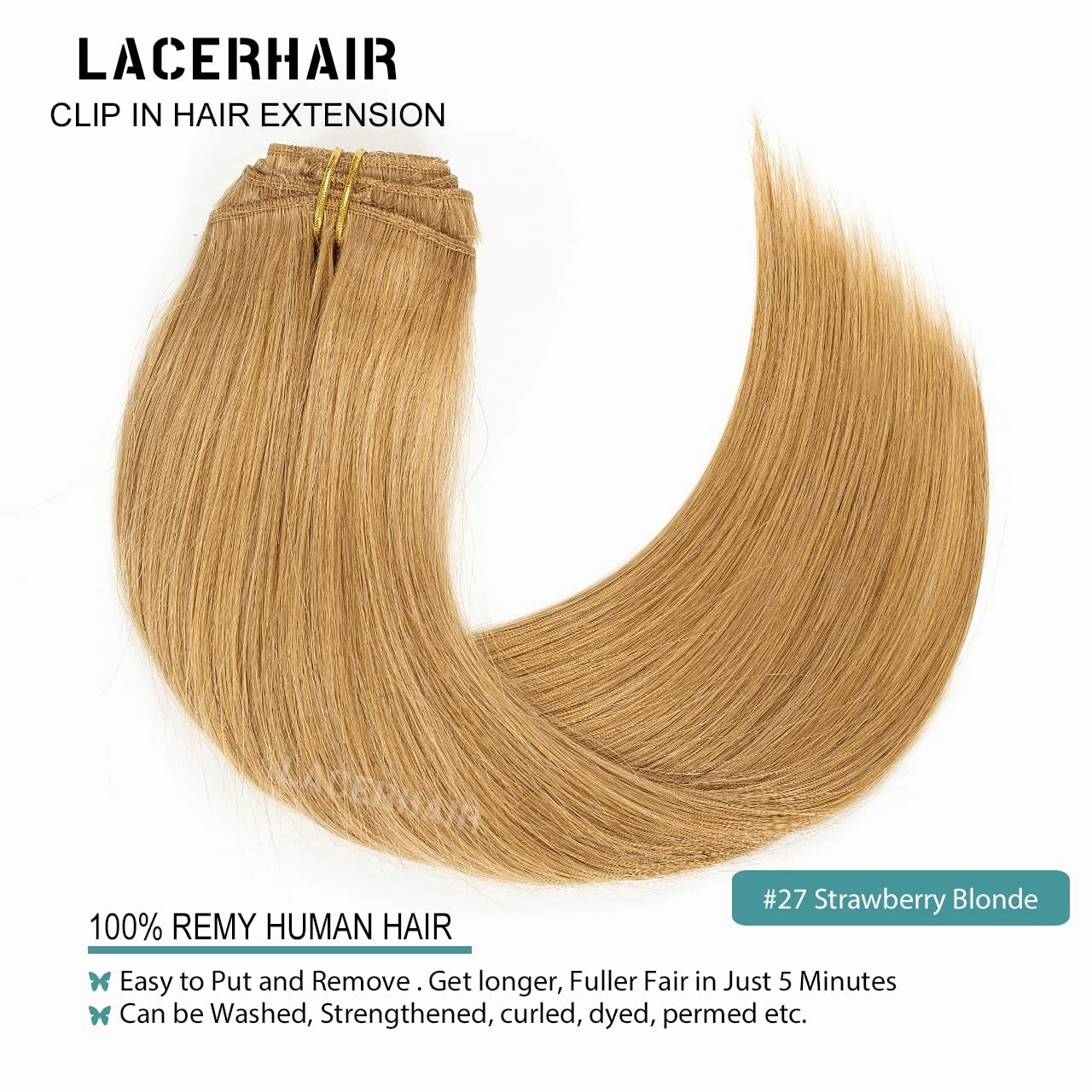 Lacer Hair Blonde Clip in Hair Extensions Human Hair Caramel Blonde Seamless Lace Double Weft Real Virgin Remy Hair Extensions Clip in Natural Long Soft Thickened Straight Hair 22 Inch 140g 7pcs
