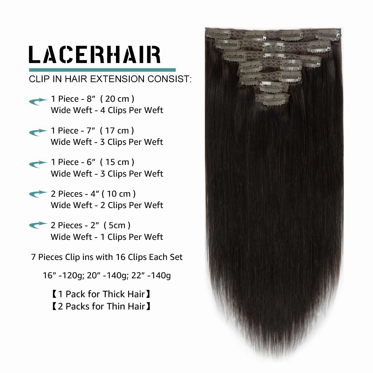 Lacer Hair Extensions Clip in Human Hair 22 Inch Darkest Brown #2 Double Weft 7Pieces 140g Silky Straight Natural Hair Lace Clip in Hair Extensions