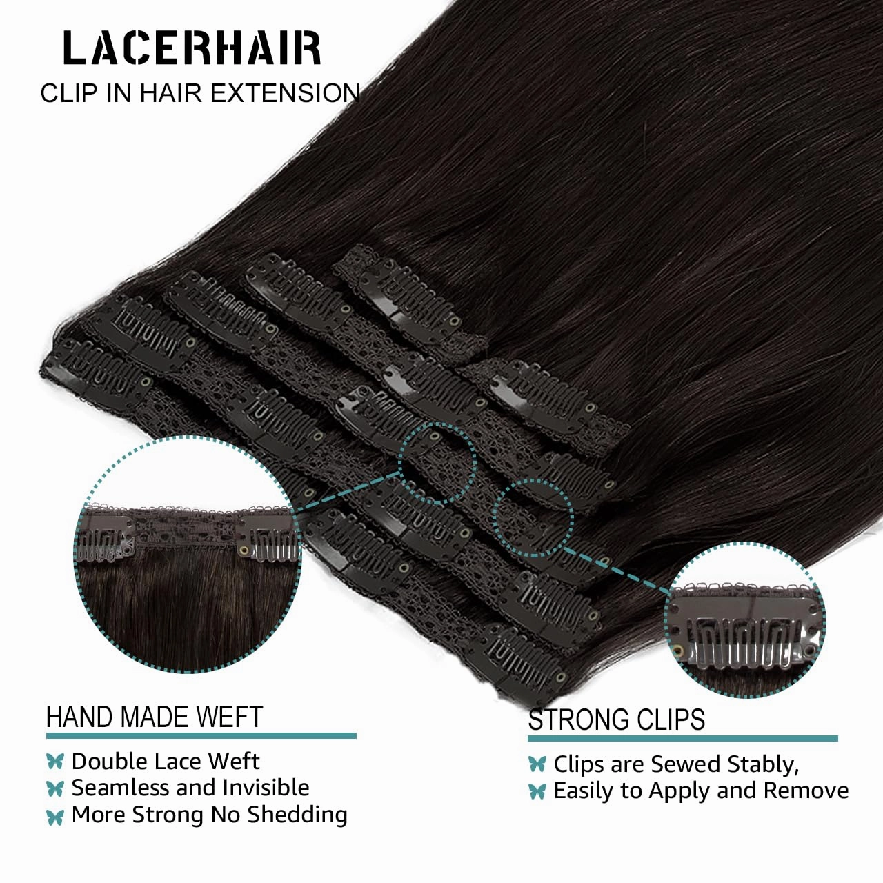 Lacer Hair Extensions Clip in Human Hair 22 Inch Darkest Brown #2 Double Weft 7Pieces 140g Silky Straight Natural Hair Lace Clip in Hair Extensions
