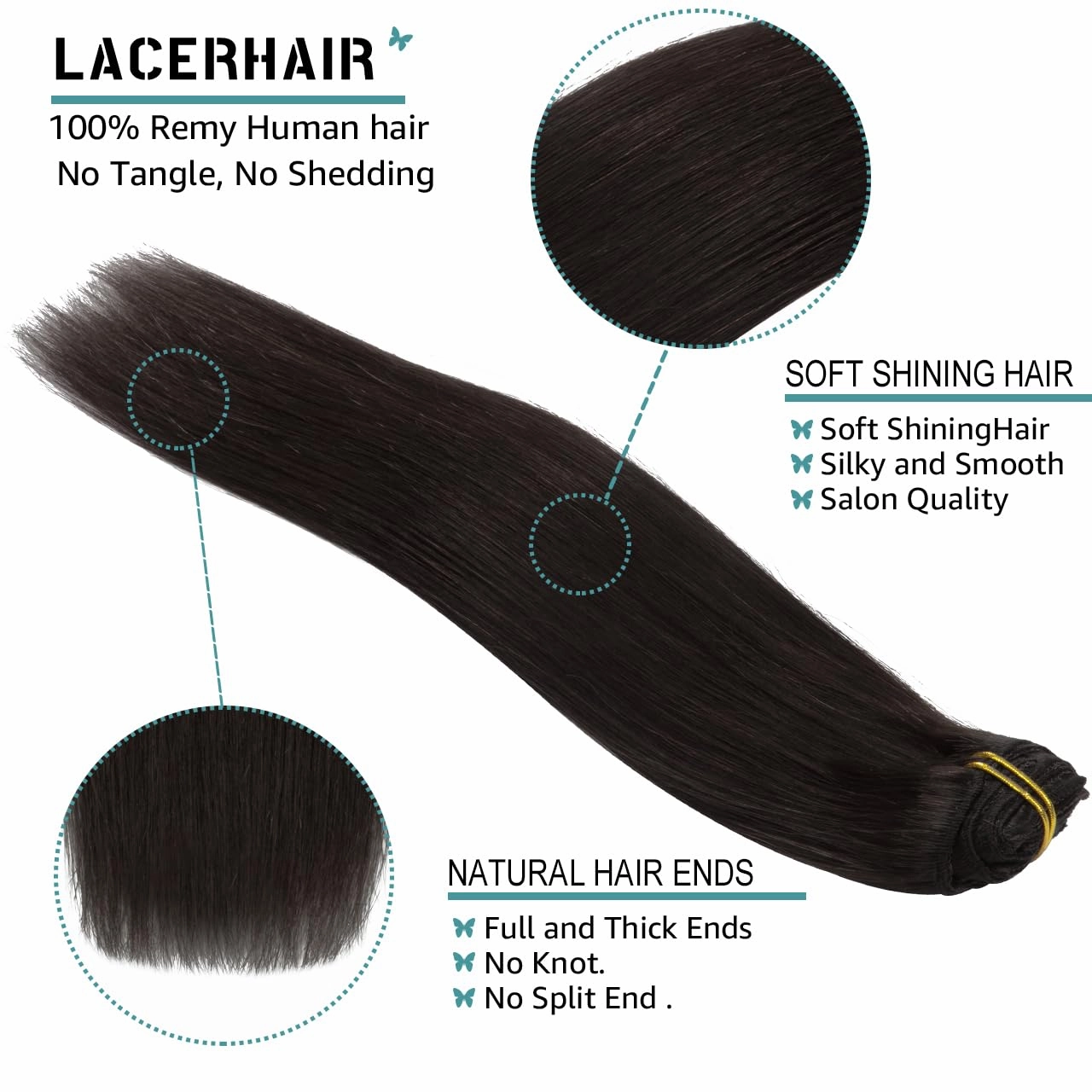 Lacer Hair Extensions Clip in Human Hair 22 Inch Darkest Brown #2 Double Weft 7Pieces 140g Silky Straight Natural Hair Lace Clip in Hair Extensions
