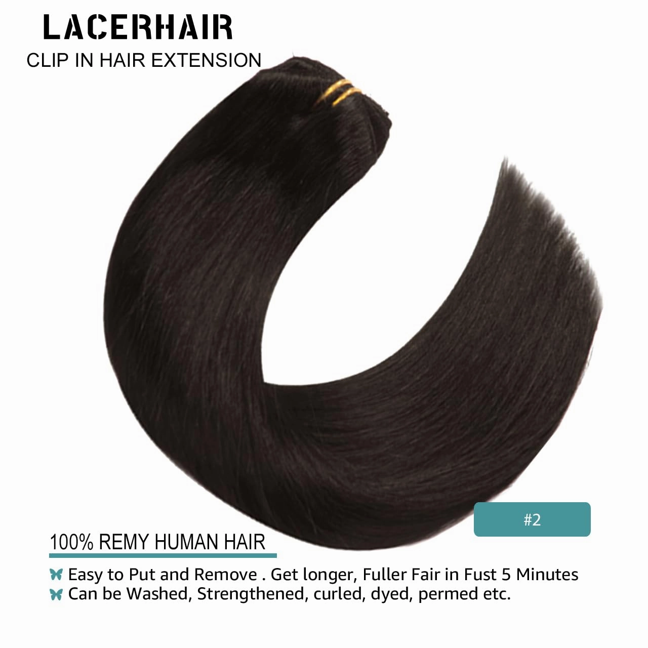 Lacer Hair Extensions Clip in Human Hair 22 Inch Darkest Brown #2 Double Weft 7Pieces 140g Silky Straight Natural Hair Lace Clip in Hair Extensions