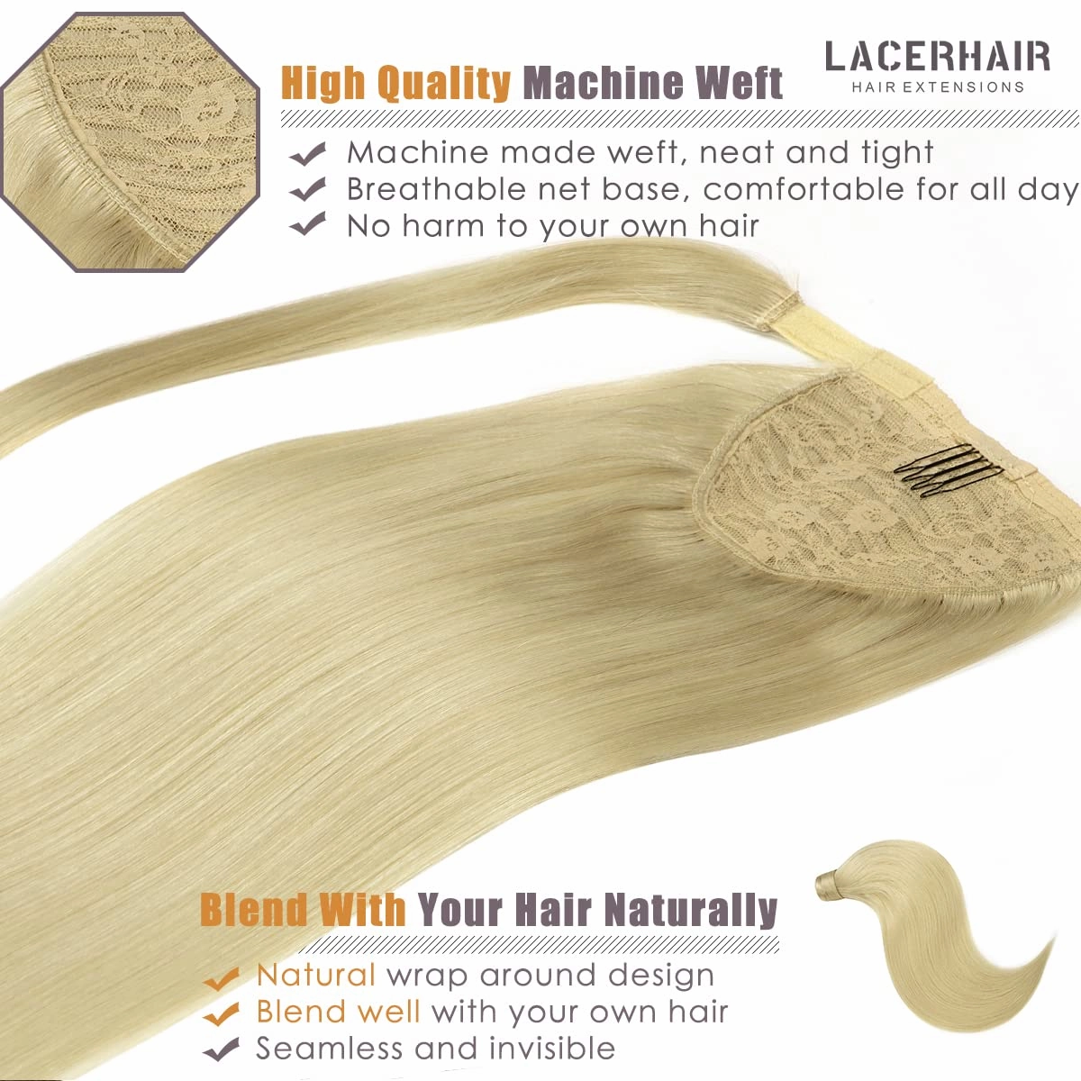 Lacer Pony Tails Extensions Human Hair Straight Wrap Around Hair Ponytail Hair piece with Comb Invisible Platinum Blonde Hair Extensions Pony Tails for Girls Long 18 Inch