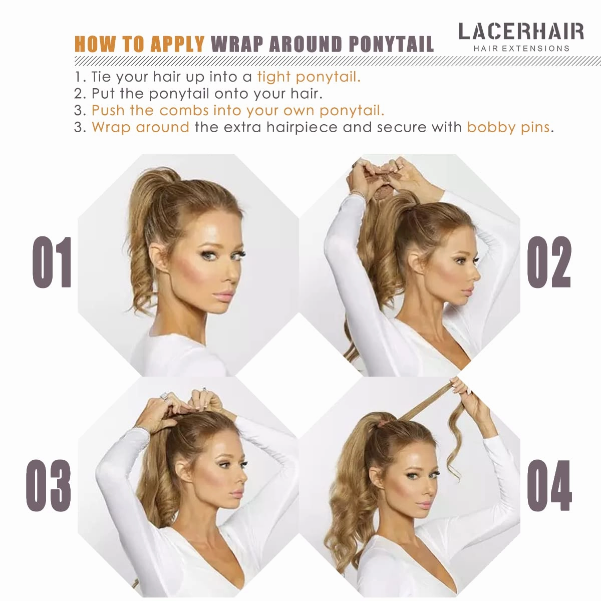 Lacer Pony Tails Extensions Human Hair Straight Wrap Around Hair Ponytail Hair piece with Comb Invisible Platinum Blonde Hair Extensions Pony Tails for Girls Long 18 Inch