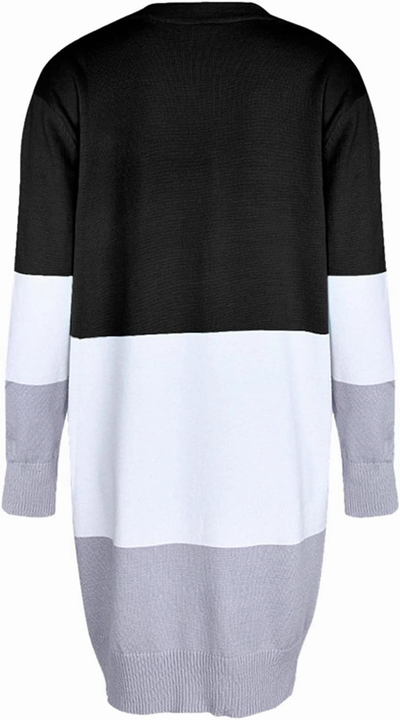 Ladies Multicolor Knitted Sweater Stitching Striped Cardigan Long-Sleeved Sweater Coat Womens Cardigans 2X