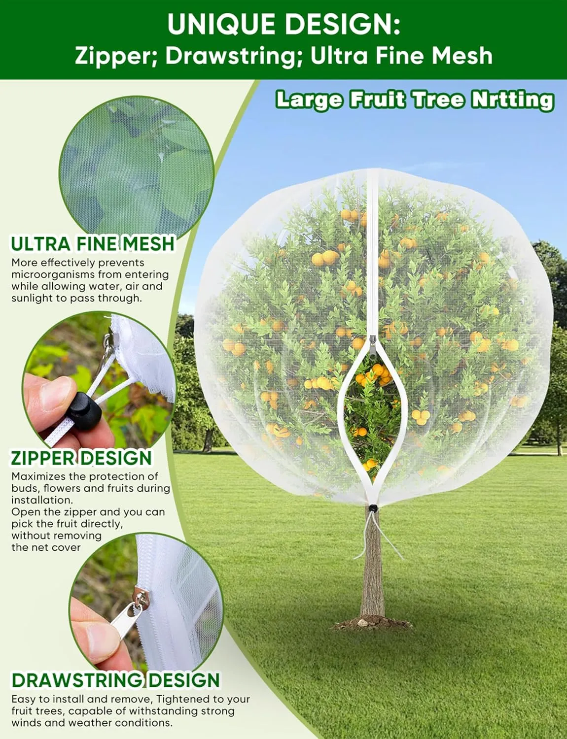 Large Fruit Trees Netting Zipper - 2Pcs 10X10 FT with Drawstring Bird-Proof,Durable Mesh Covers for Blueberry,Apple,Pear,Peach,Orange Trees&Tomato Plants Bug Insect Protection Cover (2, 10 X 10 FT)