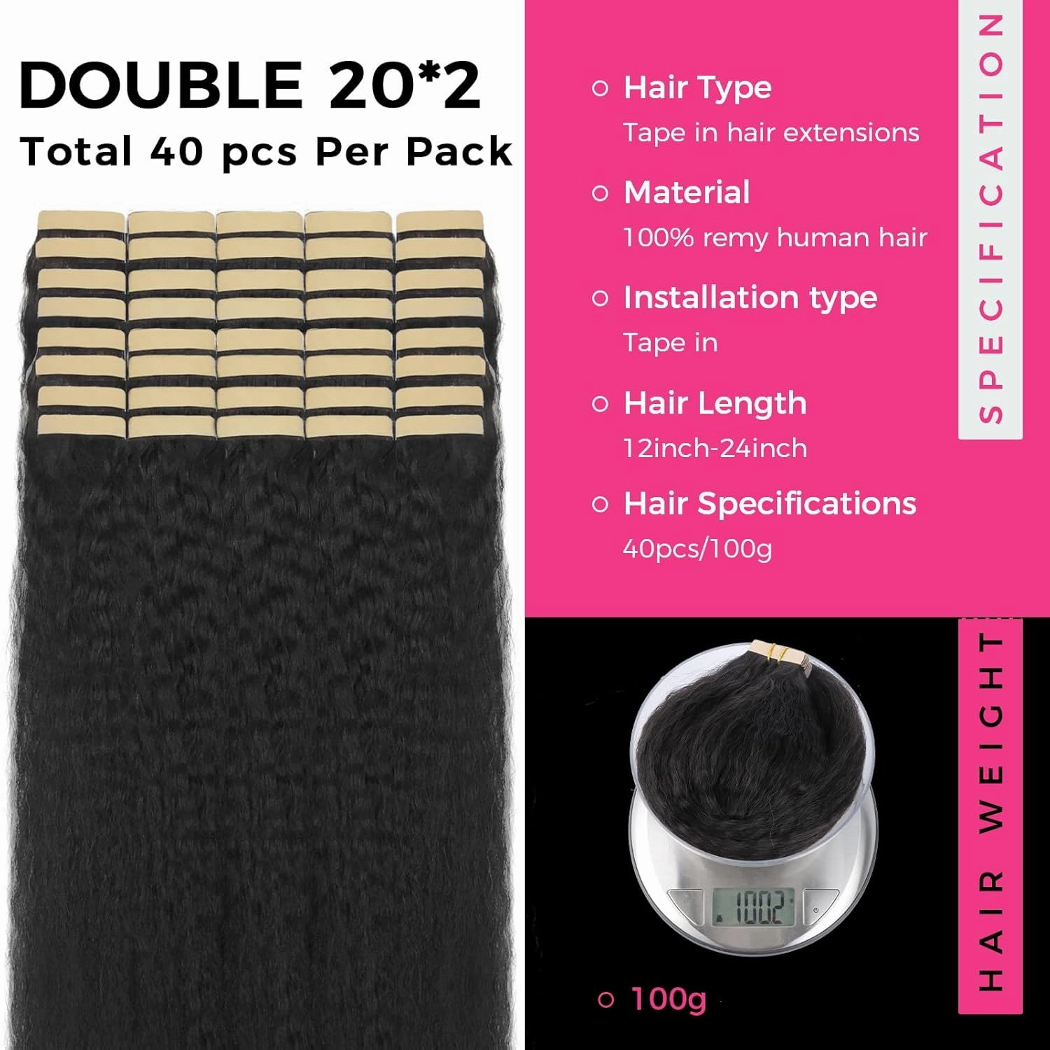 Lashey 100g 40pcs Tape in Hair Extensions Human Hair 20 Inch Kinky Straight Natural Black Tape in Hair Extensions Double-Side Tape Ins Remy Human Hair Extensions