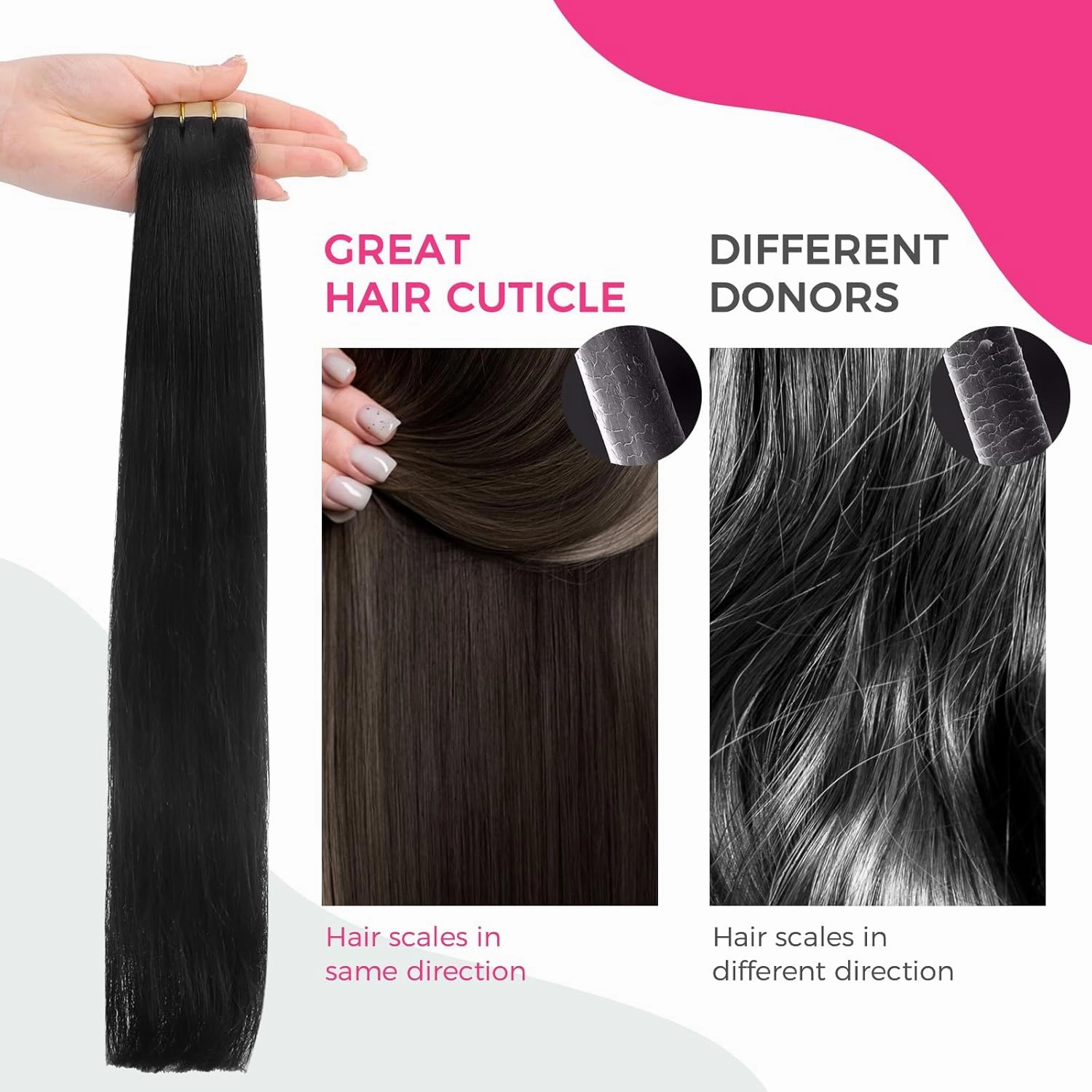Lashey Hair Extensions Real Human Hair Straight Jet Black Tape in Hair Extensions for Women Tape in Hair Extensions Human Hair 14 Inch 20pcs 50g/pack Natural Human Hair