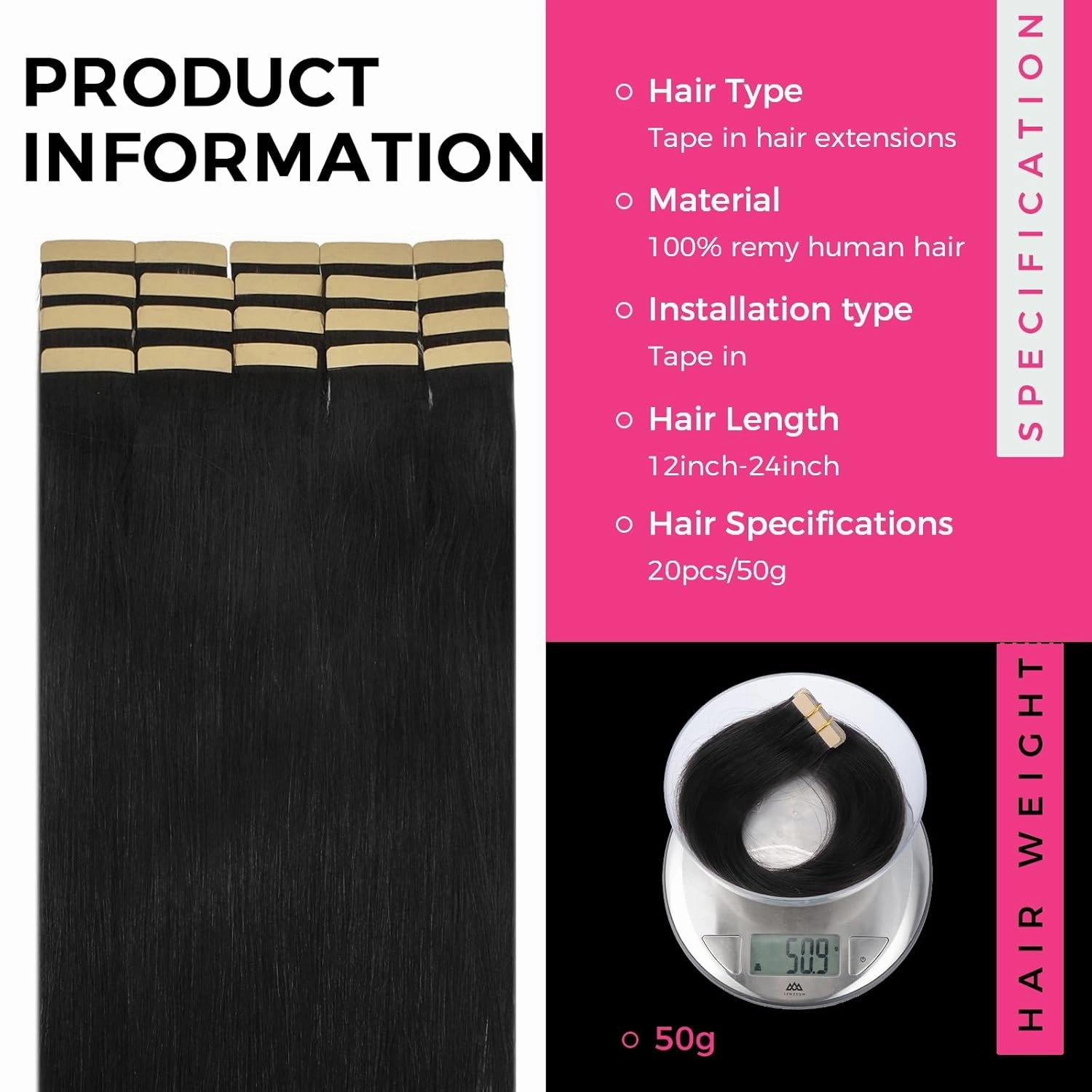 Lashey Hair Extensions Real Human Hair Straight Jet Black Tape in Hair Extensions for Women Tape in Hair Extensions Human Hair 14 Inch 20pcs 50g/pack Natural Human Hair