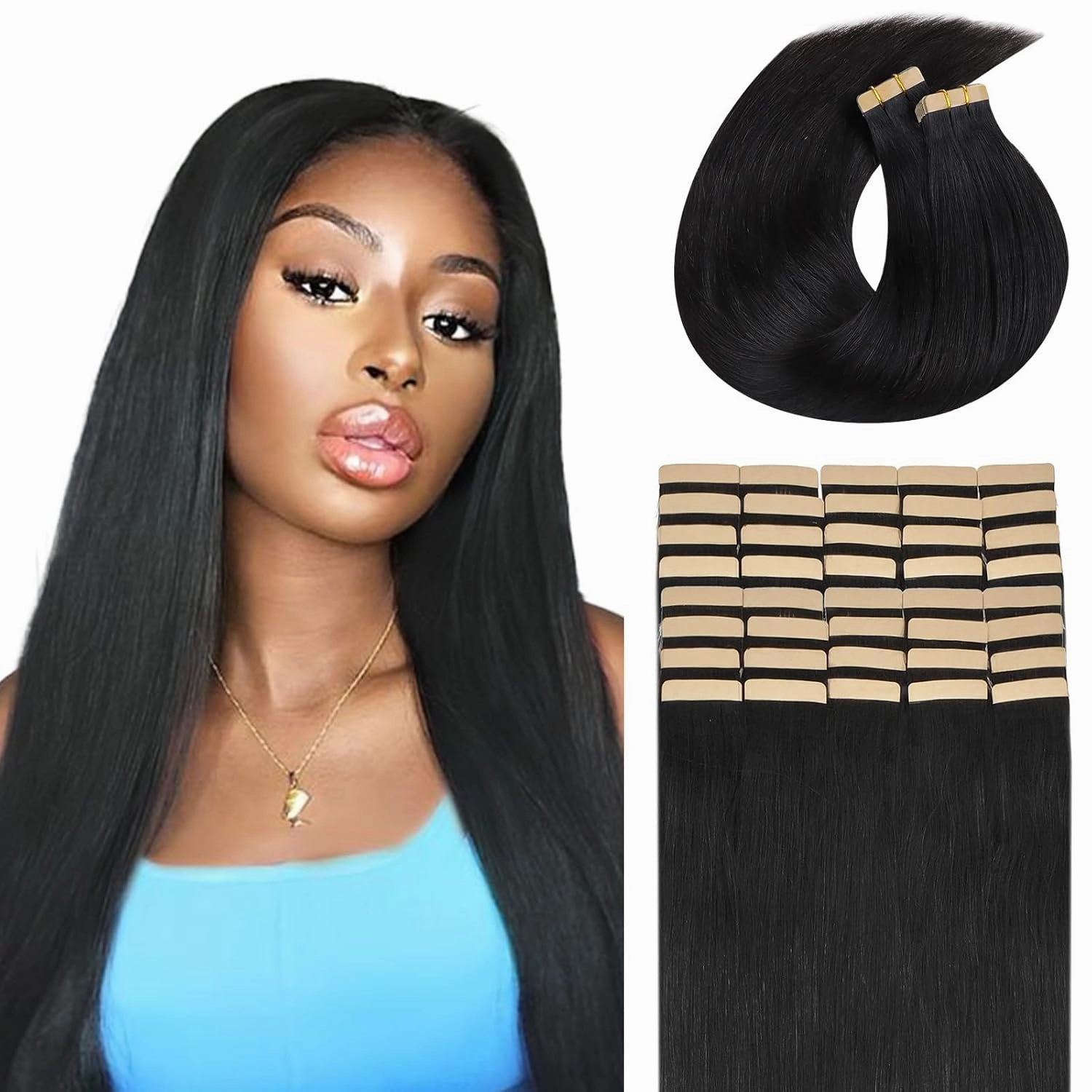 Lashey Straight Tape in Hair Extensions Human Hair 40pcs 100g/pack Invisible Tape in Human Hair for Women 20 Inch Natural Black