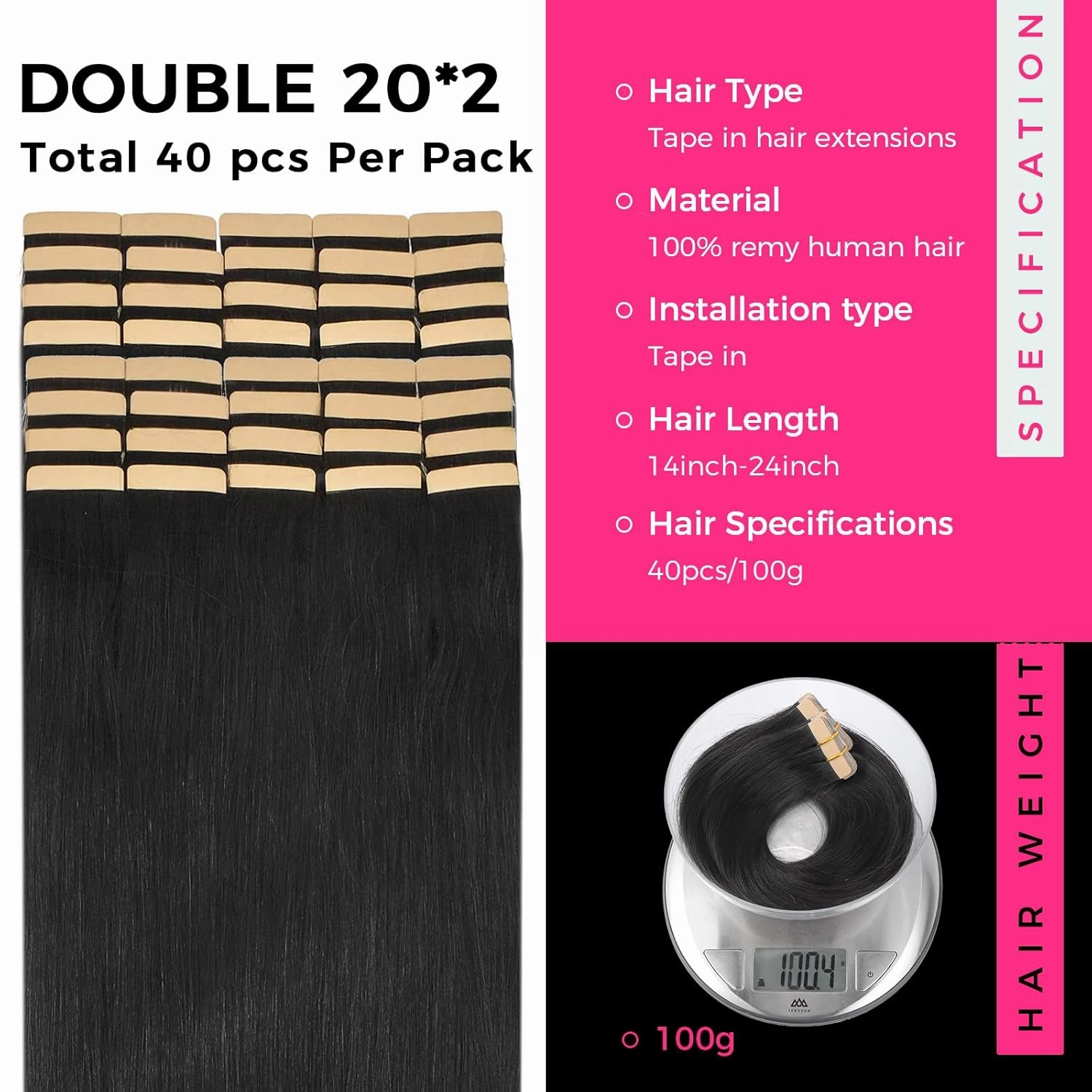 Lashey Straight Tape in Hair Extensions Human Hair 40pcs 100g/pack Invisible Tape in Human Hair for Women 20 Inch Natural Black