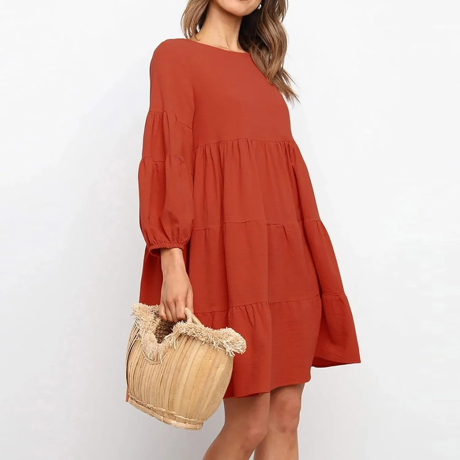 Lastesso Womens Summer Dresses Fashion Flare High Waisted Linen Cotton Sundress Trendy Long Sleeve Wedding Guest Clothes