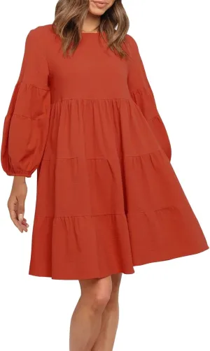 Lastesso Womens Summer Dresses Fashion Flare High Waisted Linen Cotton Sundress Trendy Long Sleeve Wedding Guest Clothes
