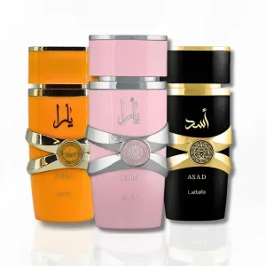 Lattafa for Unisex 3 Piece Eau de Parfum Gift Set (Yara for Women   Yara Tous for Women   Asad for Men) 3.4 Ounce/100 ml each