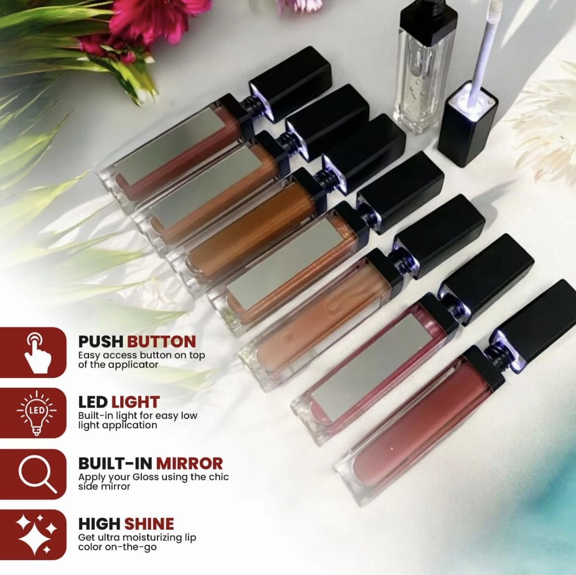 LED Mirror Lip Gloss, High-Shine and Non-Sticky Lip Gloss, Hydrating and Long-Lasting Lip Gloss, Vegan and Cruelty-Free