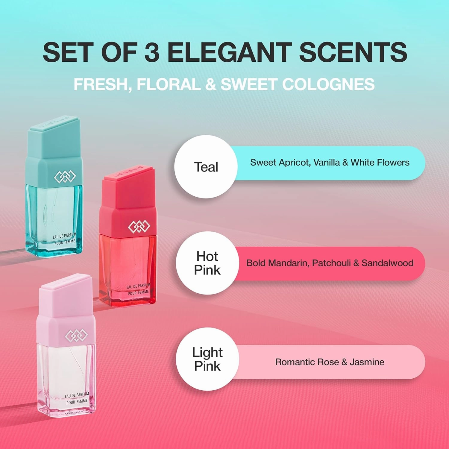 LEG3ND Set of 3 Pour Femme - Fresh, Floral & Sweet Cologne for Women - Long-Lasting Luxury Fragrance with Essential Oils - Comes in a Glass Bottle Spray (15ml each)
