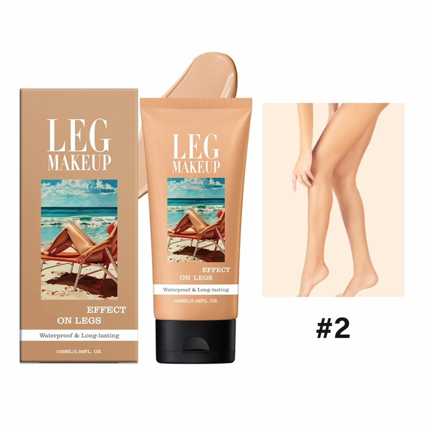 Leg Makeup Waterproof No Transfer | Scar & Tattoo Cover Up Foundation with Brush for Legs & Body, Long-Lasting Flawless Finish, Lightweight Formula for All Skin Tones (#2)